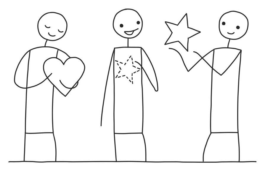 Three hand-drawn figures showing the values be kind, be authentic, and be useful