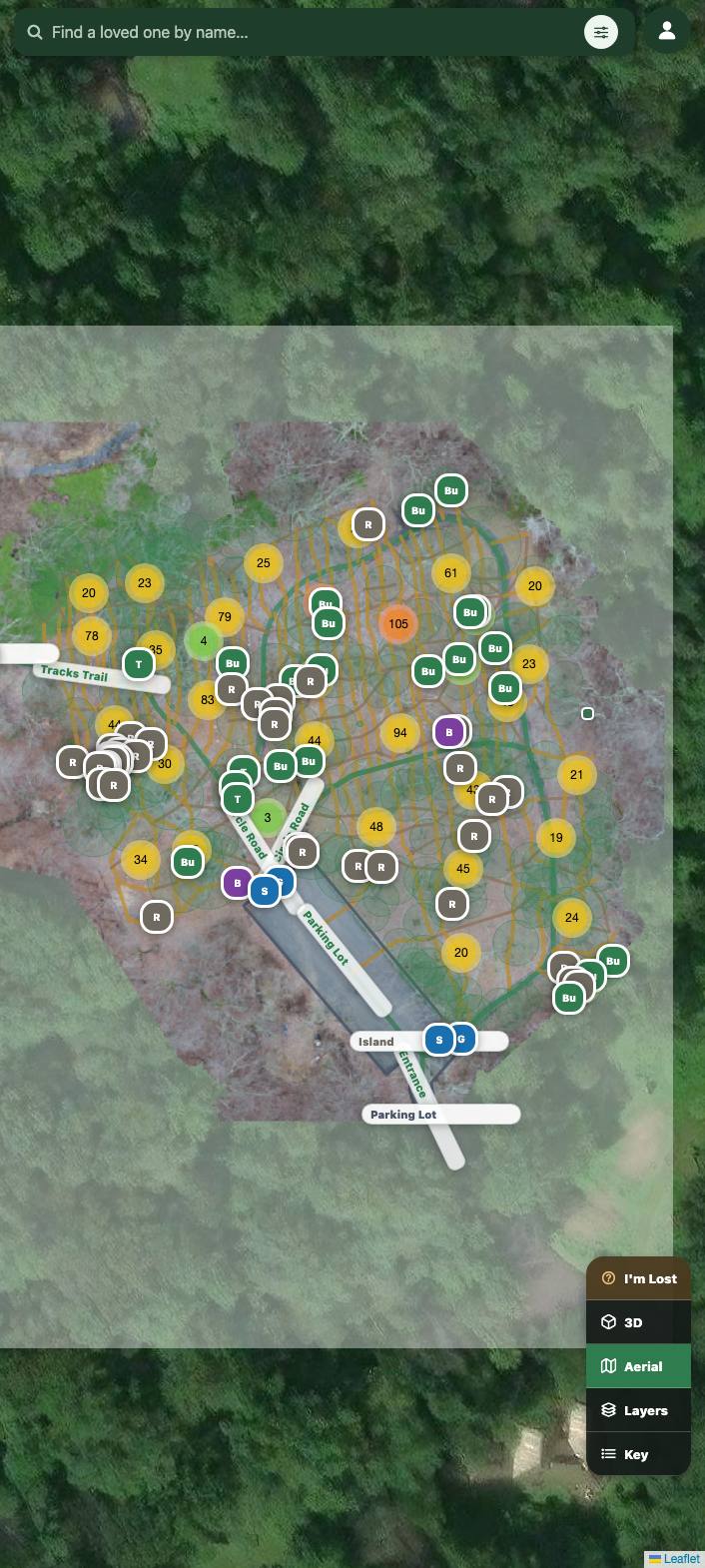 Cemetery map at wide zoom before clustering was tuned